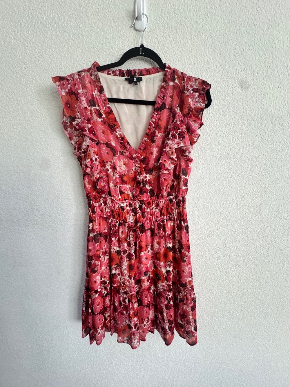 Paige Floral Ruffle V-Neck Pink Sundress size 10. Wedding, 100% Silk - Picture 2 of 6